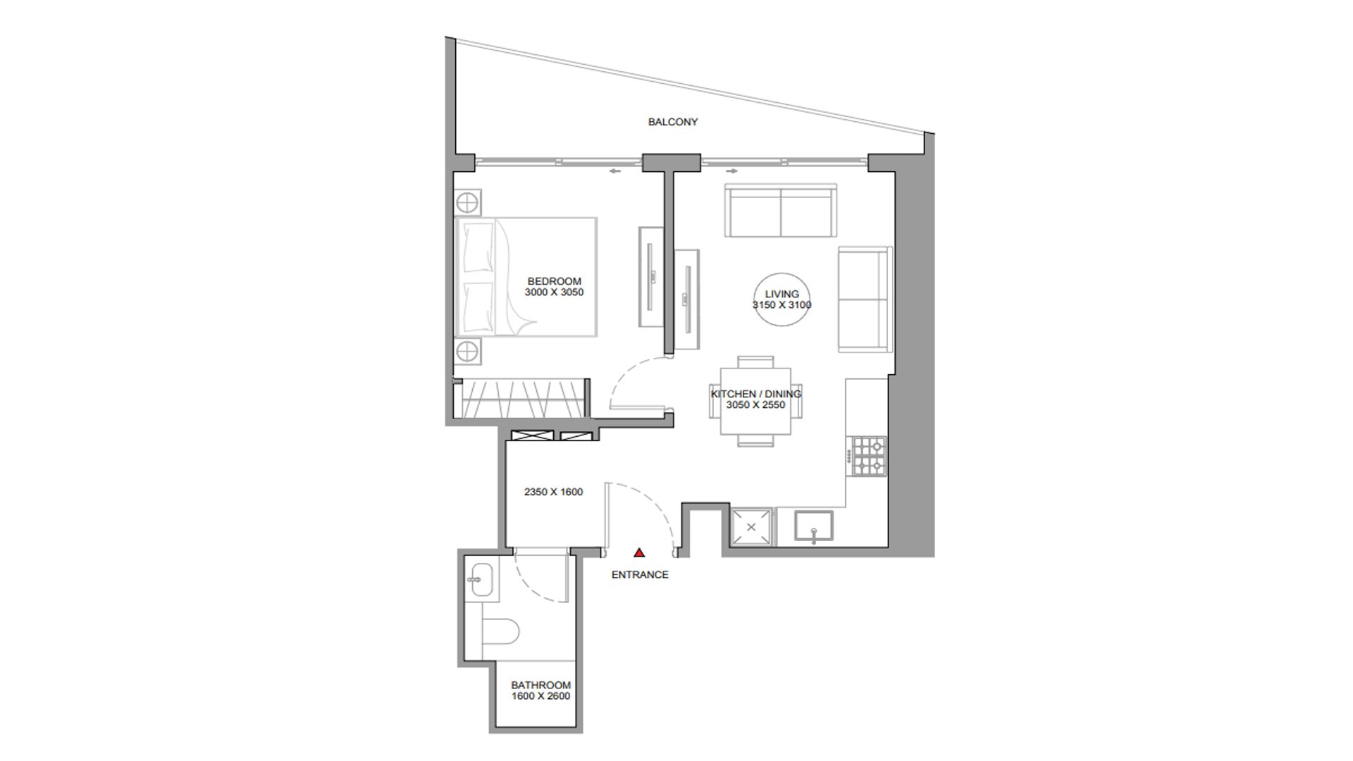 Apartment floor plan, 1 bedroom in The Horizon No. 11006