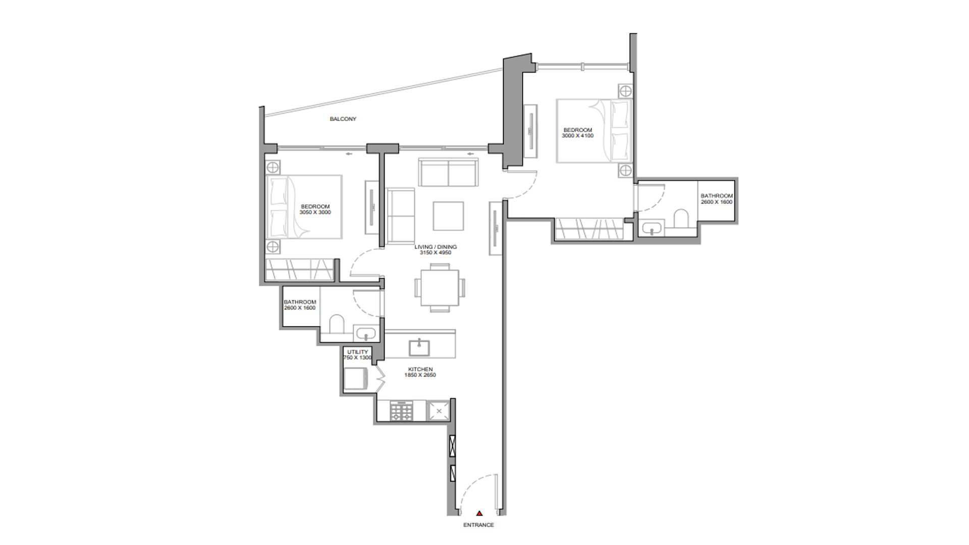 Apartment floor plan, 2 bedrooms in The Horizon No. 11010