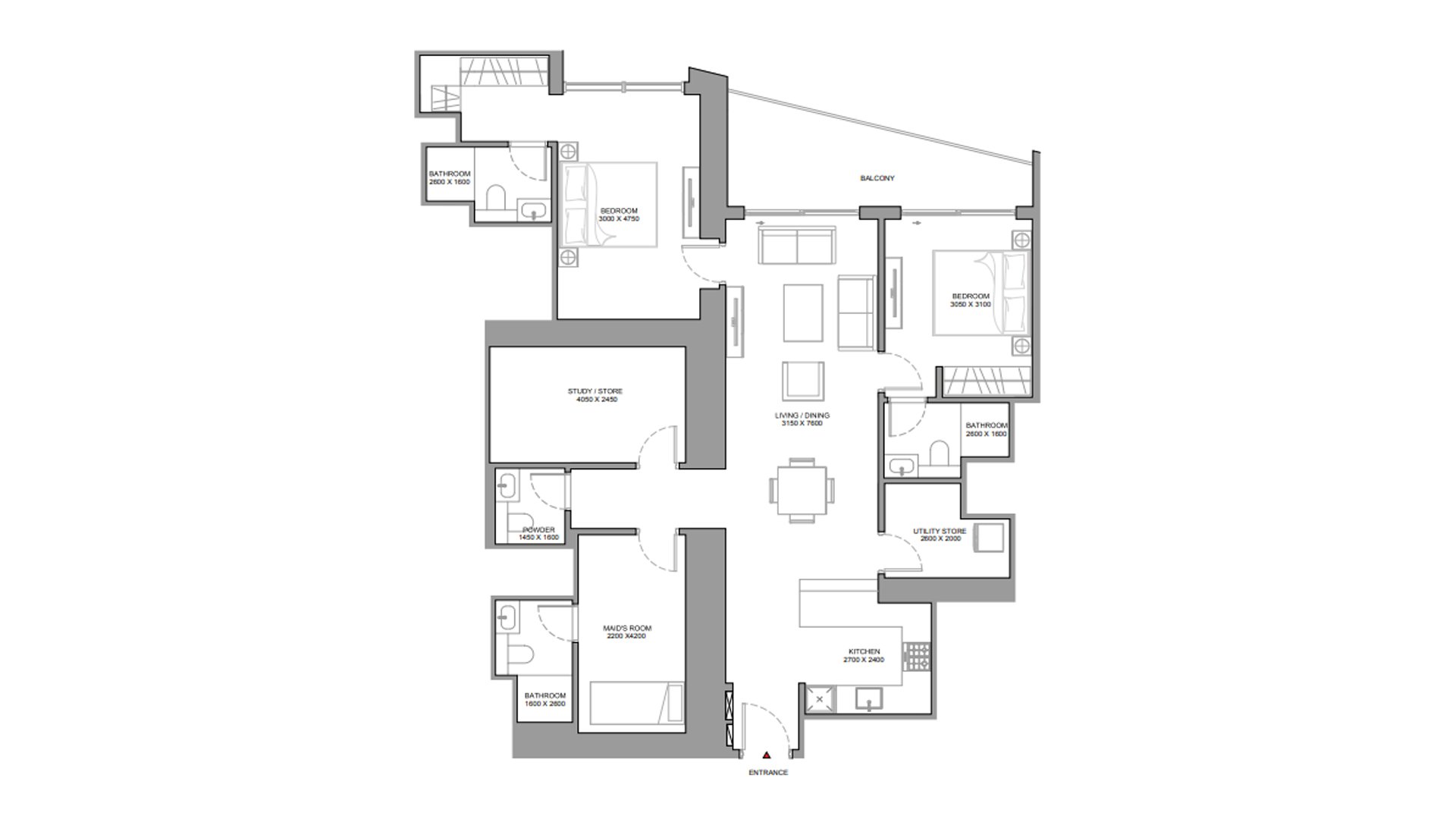 Apartment floor plan, 2 bedrooms in The Horizon No. 11013