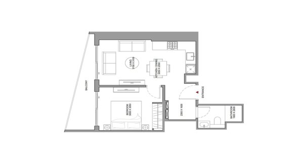 Apartment floor plan, 1 bedroom in The Horizon No. 11007 (2D)